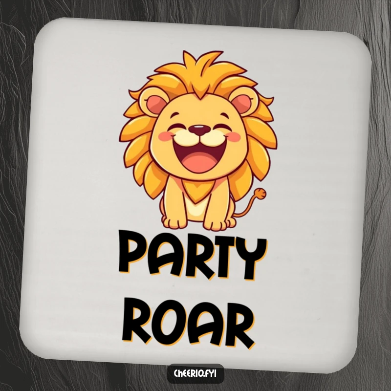 Funny Lion Coaster: A lion with a hearty laugh roars friendly, protecting surfaces with regal charm. A delightful funny gift.