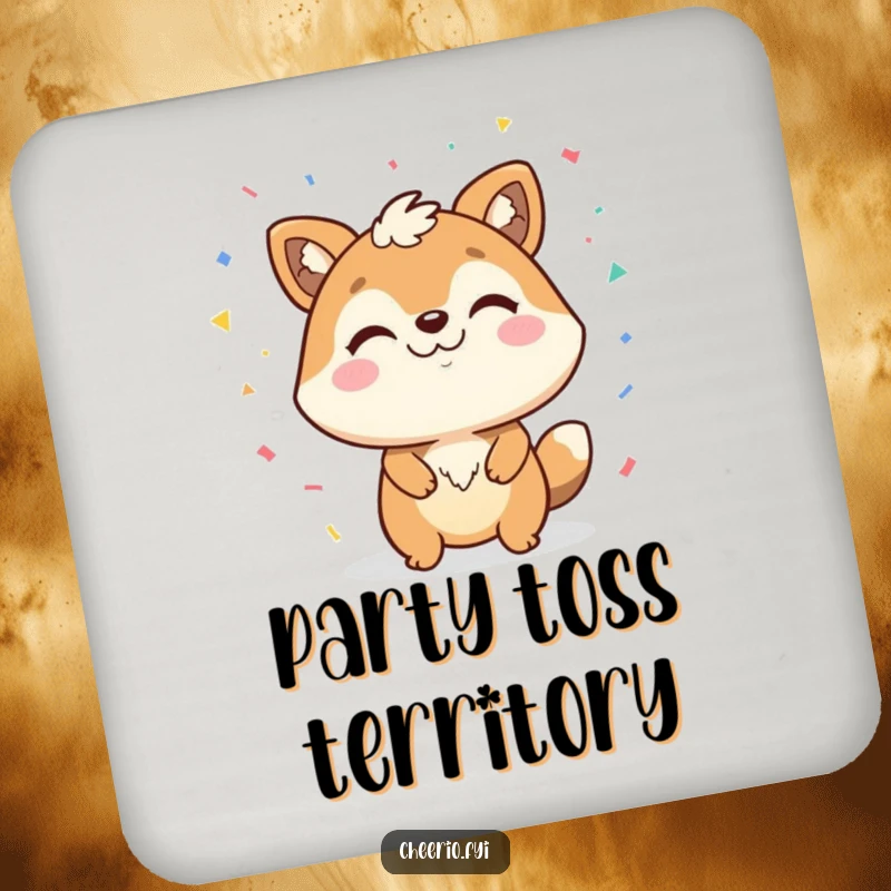 Funny drink coaster featuring a happy animal with a confident smirk, scattering confetti, protecting surfaces with festive humor.