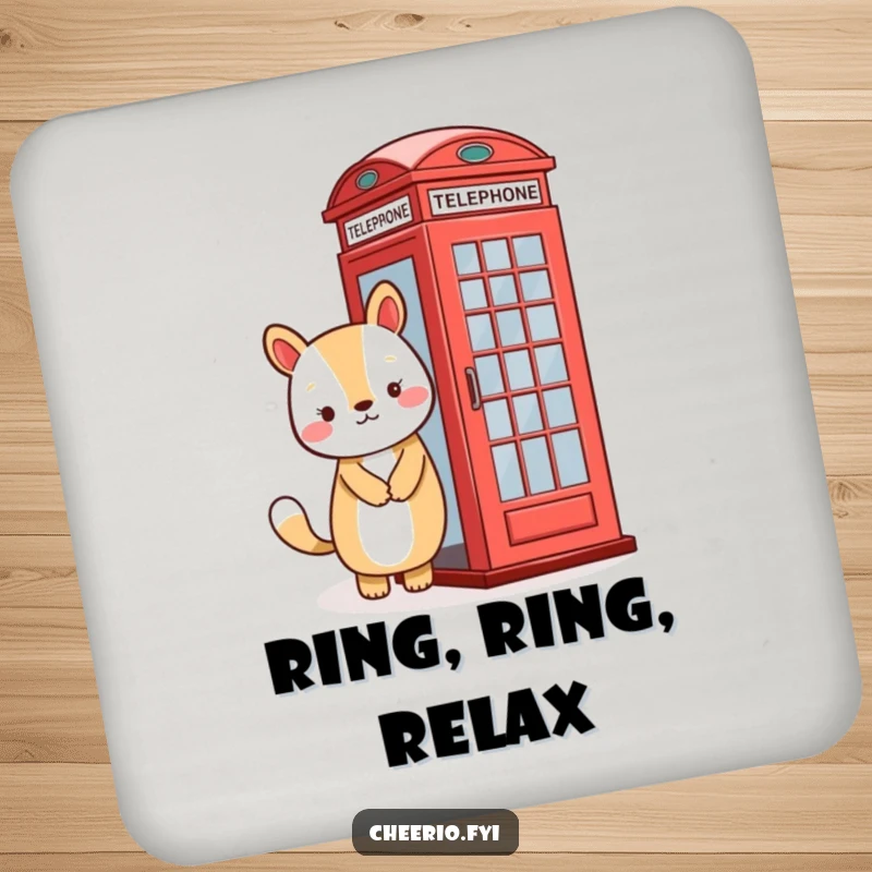 Funny drink coaster with a smiling animal character posing beside a vibrant red telephone booth, adding charm.