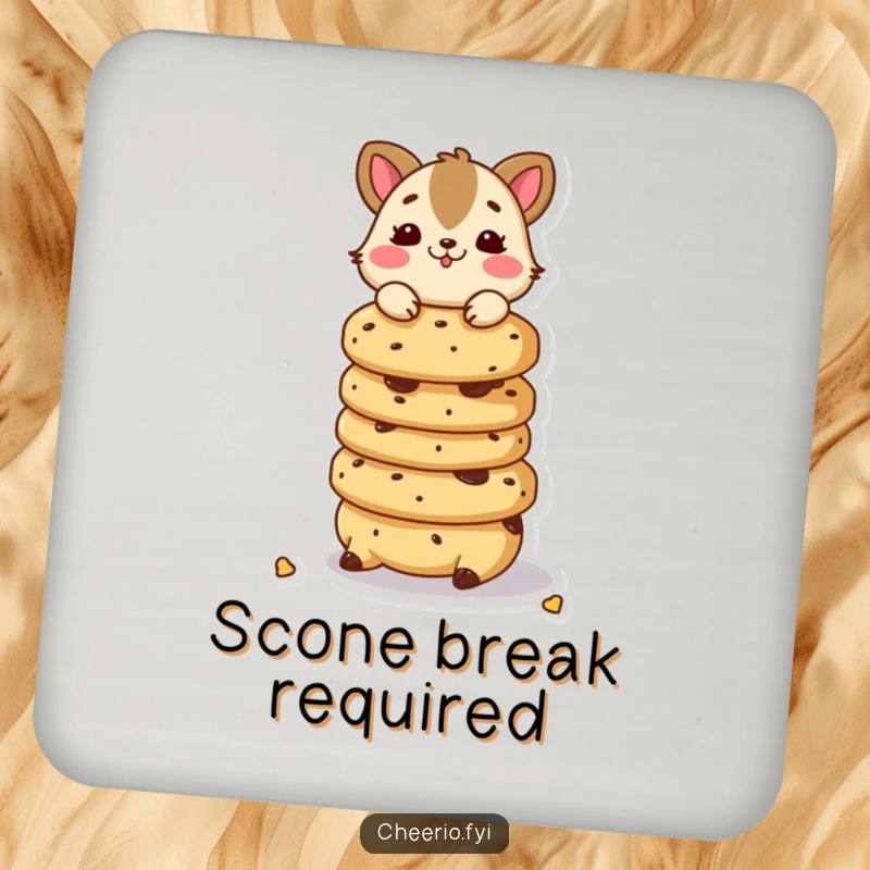 Funny drink coaster with a playful animal character balancing a stack of scones, adding charm.