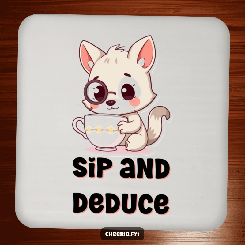 Funny drink coaster with a curious animal character in a monocle examining a teacup, adding a refined touch to tables.