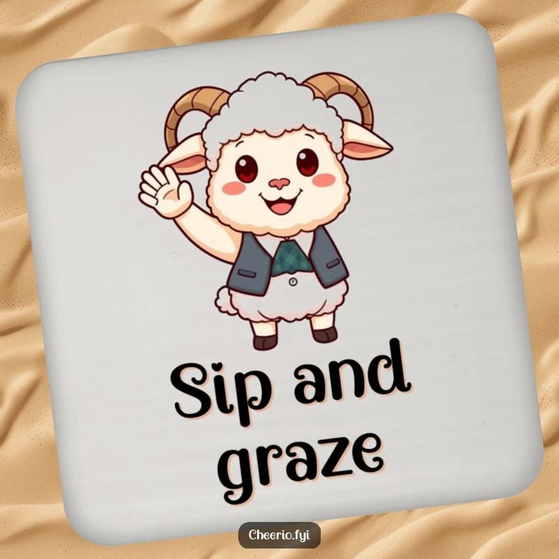 Funny happy sheep wearing a smart waistcoat offering a friendly wave, a protective drink coaster.