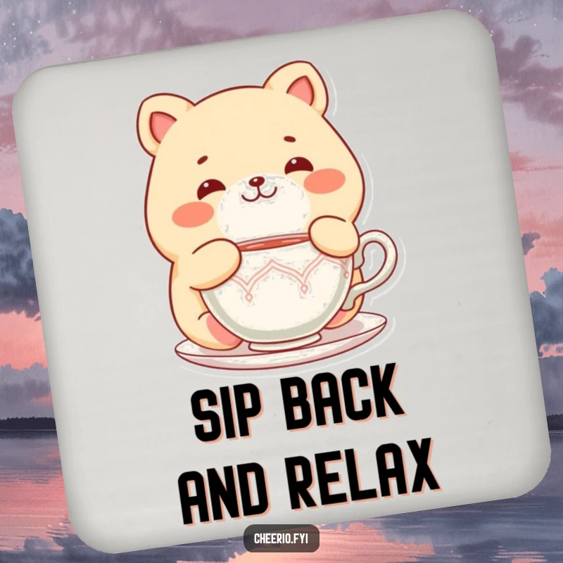 Funny Chubby Cat Coaster: A chubby cat character delighted with a teacup, protecting surfaces with charm, a funny gift.