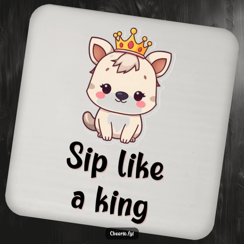 Funny British animal character wearing a small crown, looking regal, on a drink coaster for stylish surface protection.