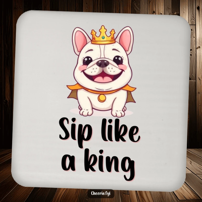 Funny cheerful bulldog wearing a tiny crown and regal cape smiling, a protective table coaster.