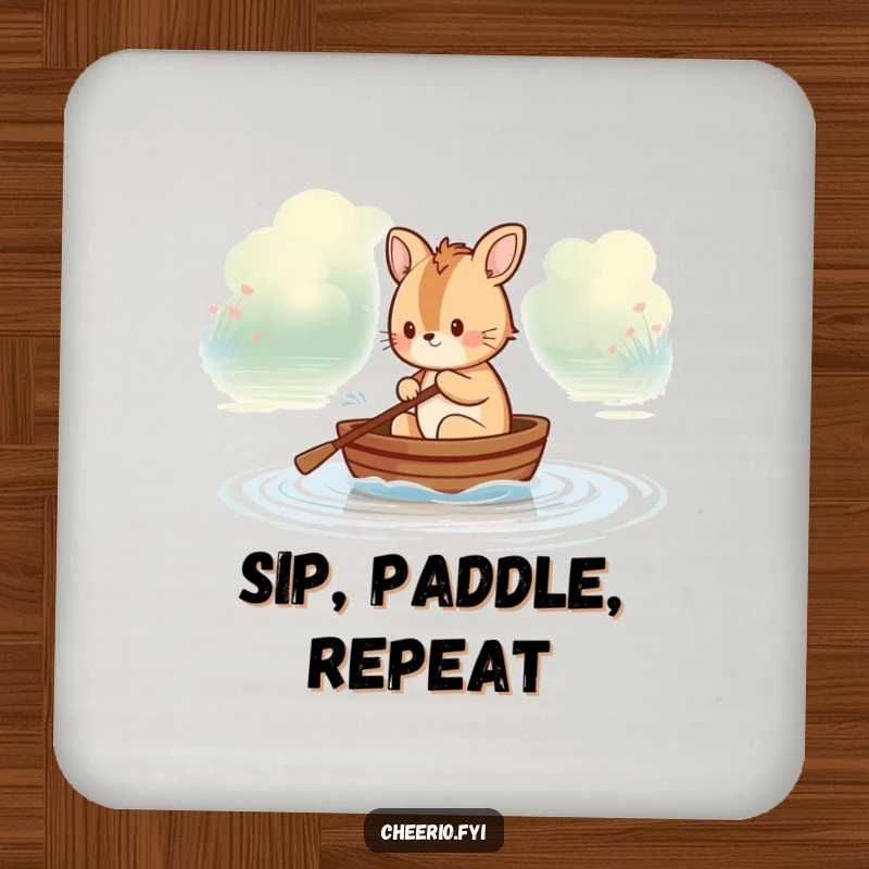 Funny British animal character rowing a tiny boat on a calm river, a humorous drink coaster for table protection.
