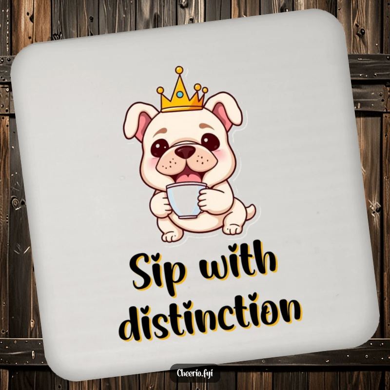 Funny drink coaster featuring a cheerful bulldog in a crown holding a tiny teacup, perfect for drinks and decor.