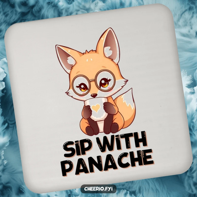 Funny cute fox wearing a miniature monocle sipping tea from a delicate cup, a protective drink coaster.