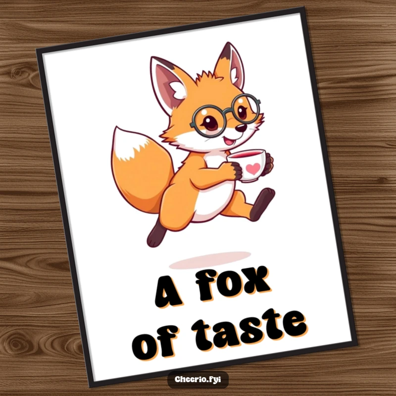 Funny poster of a leaping fox wearing a monocle and holding a tiny teacup, embodying witty and artistic sophistication.