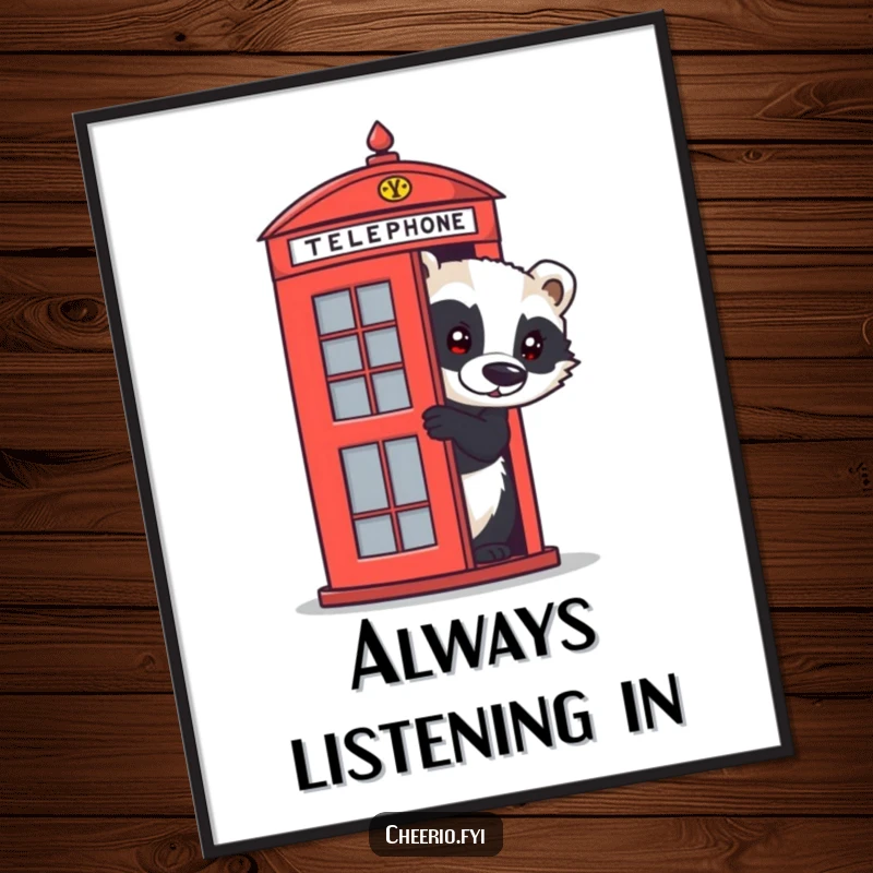 Funny badger poster displaying a curious animal peeking from a vintage red telephone box, adding humorous British charm to any room.