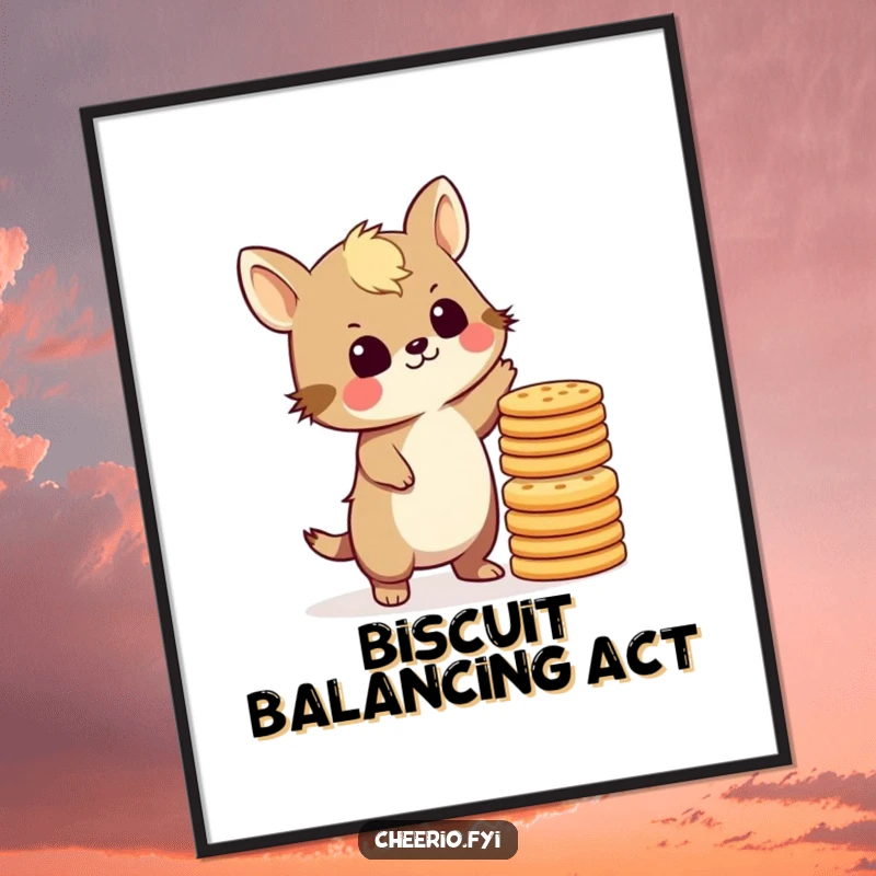 Funny British animal character balancing a tall stack of biscuits, depicted as humorous wall art for tea time enthusiasts.
