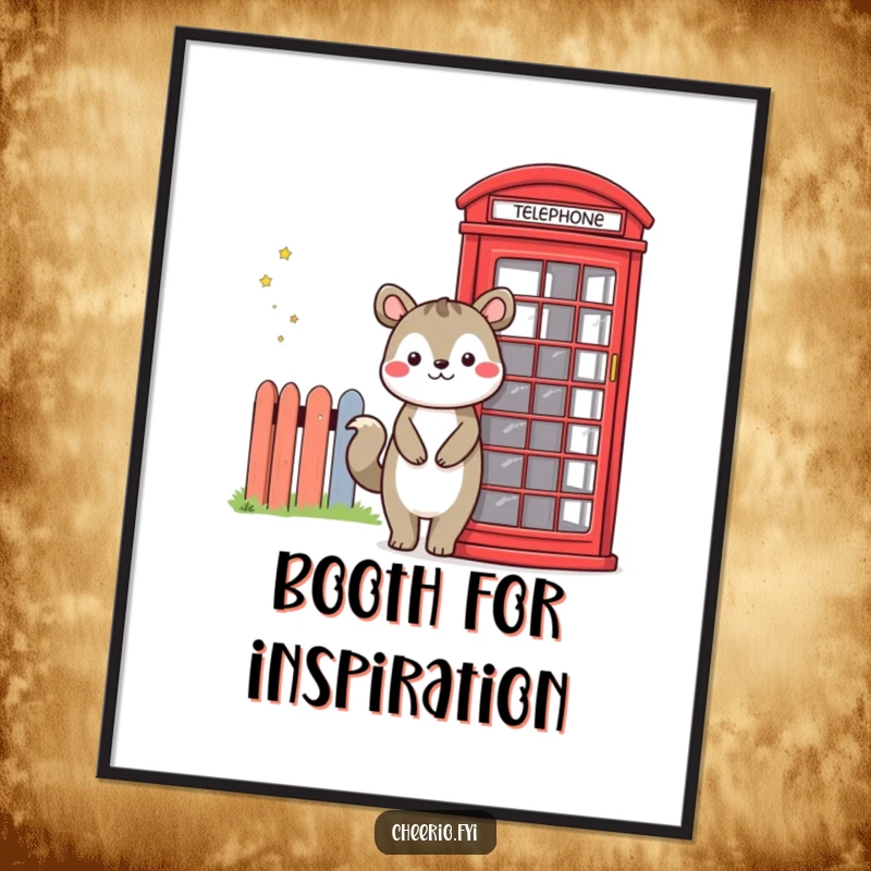 Funny poster featuring a smiling animal character next to a vibrant red telephone booth, creating a cheerful and humorous wall art piece.