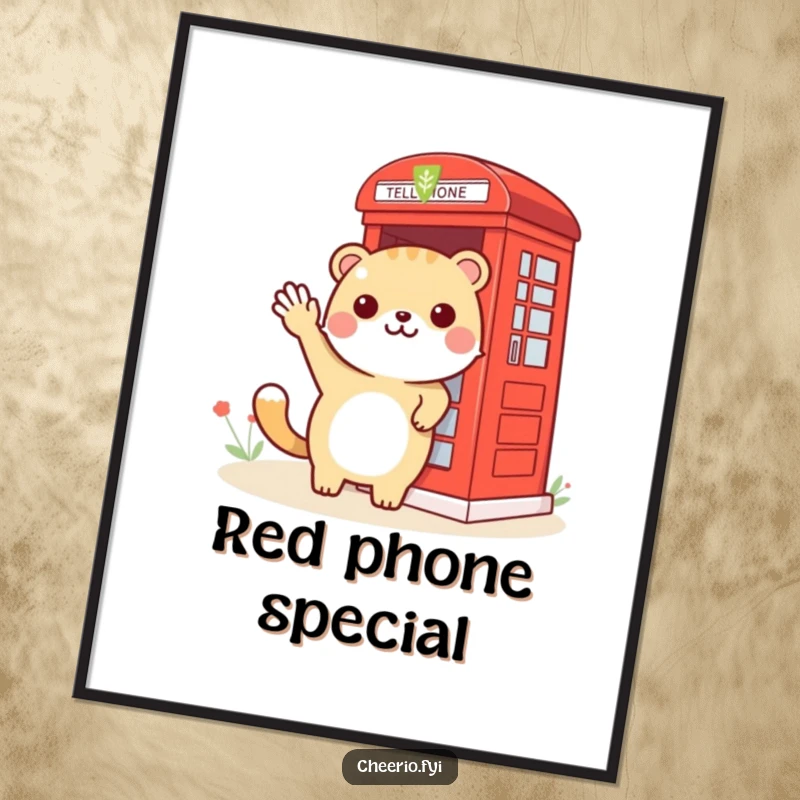 Funny animal waving towards a red phone booth, presented as humorous and iconic poster art.