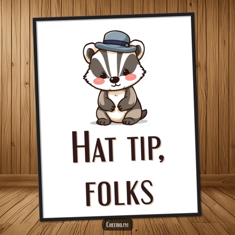 Funny poster of a dapper badger character tipping a miniature bowler hat, adding a touch of quirky sophistication to home decor.