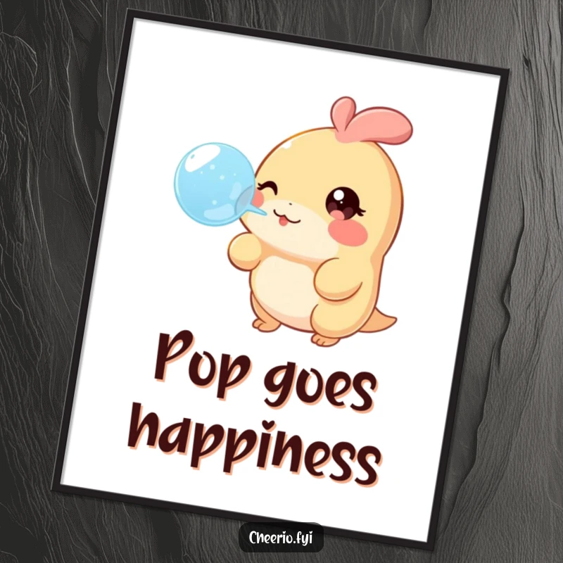 Funny Poster of a creature with a twinkle in its eye, joyfully blowing a large, iridescent bubble, perfect for whimsical decor.