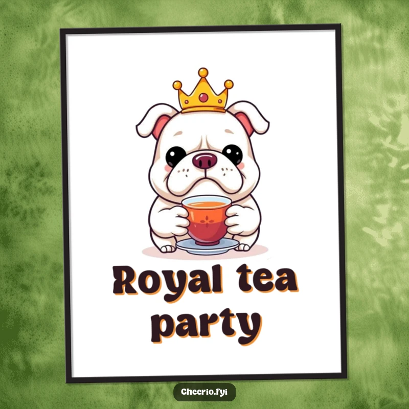 Funny poster art of a jolly bulldog wearing a miniature crown, offering a cup of tea with a serene expression.