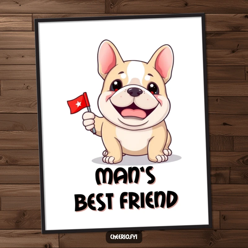 Funny Bulldog Poster: A happy bulldog with a proud grin holds a miniature flag, creating patriotic art.