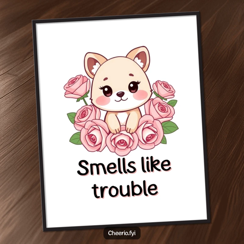 Funny poster showcasing a cheeky animal nestled among stylized roses, adding a whimsical and humorous touch to wall decor, perfect funny gift.