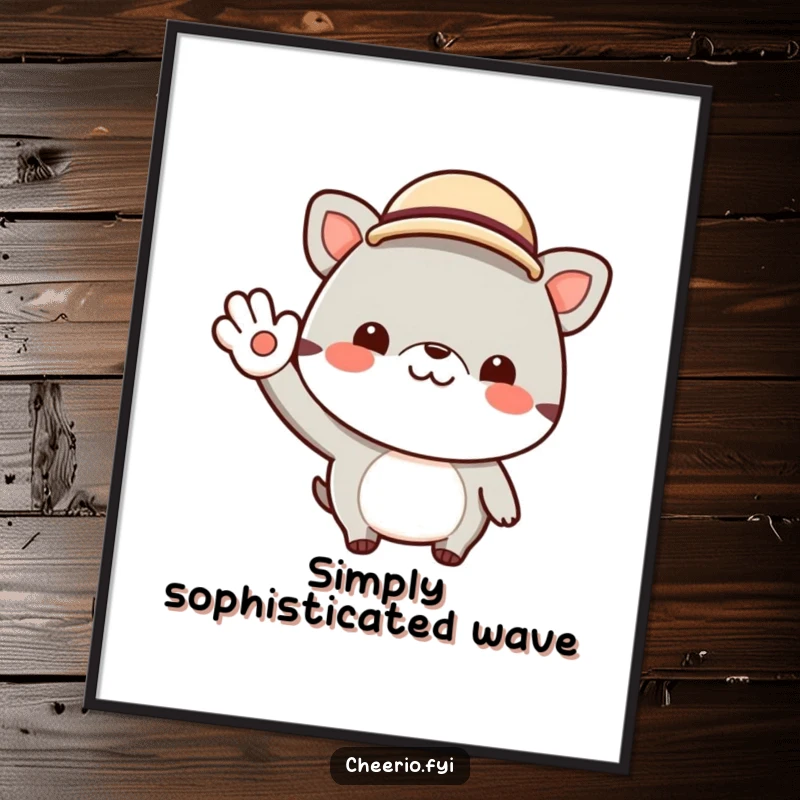 Funny poster of a cheerful animal character wearing a miniature bowler hat and giving a jaunty wave. Adds a touch of refined humor.