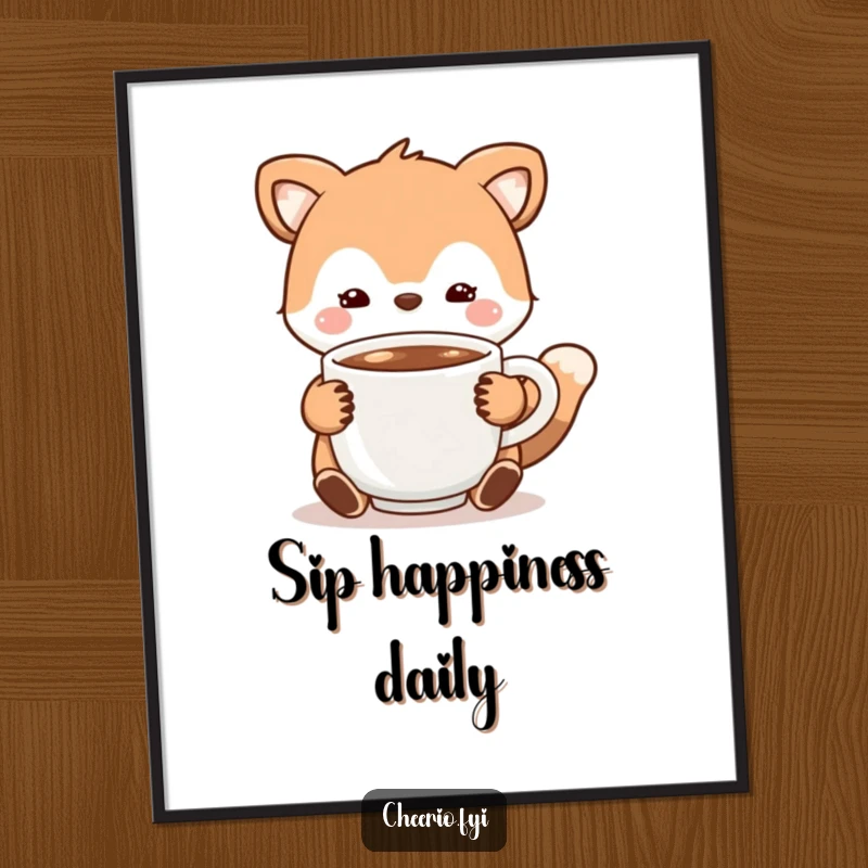 Funny Poster of an animal character extending a warm cup of cocoa, perfect for adding cozy and cheerful decor.