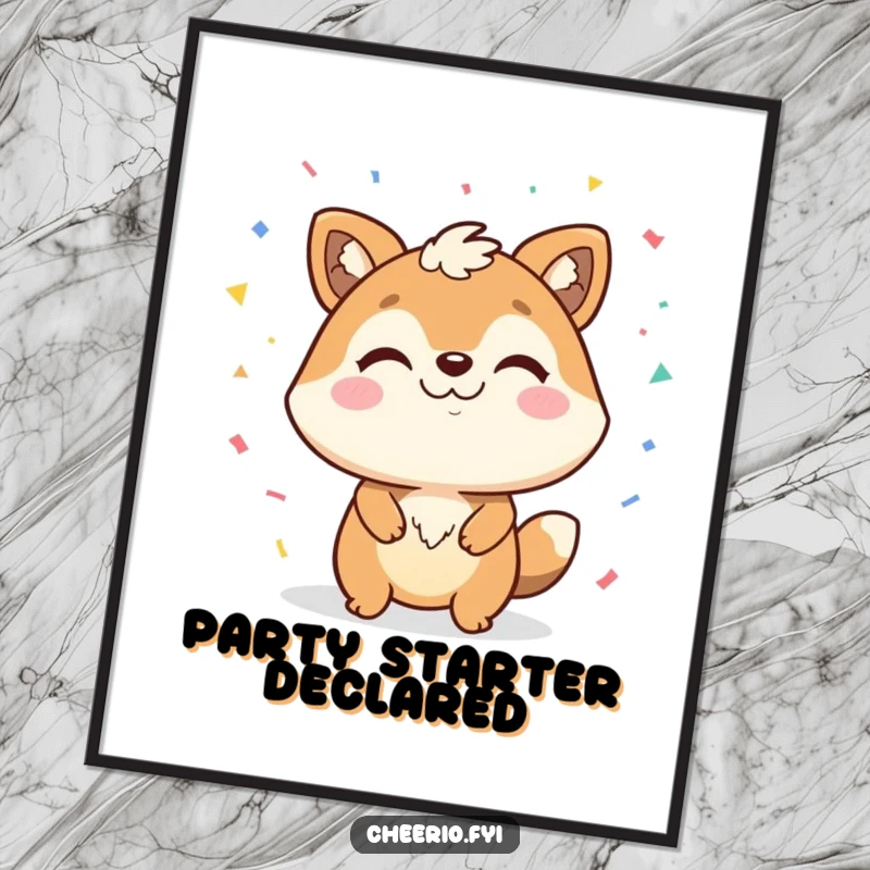 Funny poster of a happy animal with a confident smirk, scattering confetti joyfully, adding a burst of color and fun.
