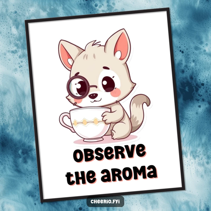 Funny poster features an intelligent animal character in a monocle, curiously inspecting a teacup, adding a sophisticated touch.