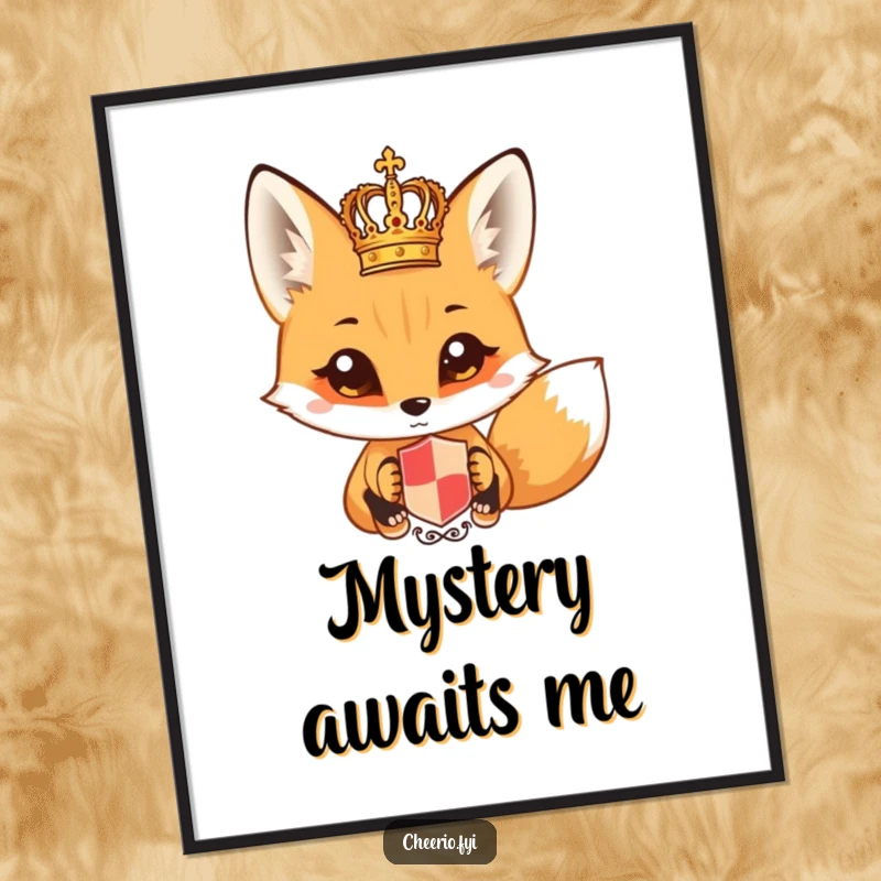 Funny fox with wide eyes looking at a miniature royal crest, displayed as intriguing wall art. A curious funny gift.