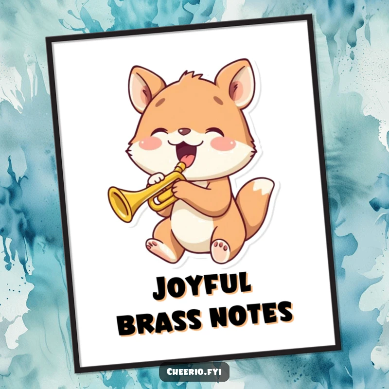 Funny animal joyfully playing a tiny trumpet, presented as humorous and musical poster art.