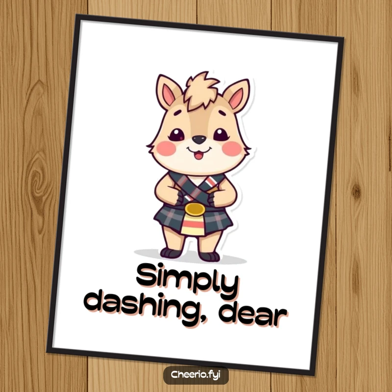 Funny British animal in a small kilt, smiling cheerfully, presented as humorous wall art on a poster, a delightful gift.