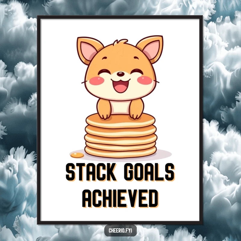 Funny poster showcasing a joyfully grinning animal balancing perfectly atop a towering stack of pancakes, bringing humor to decor.