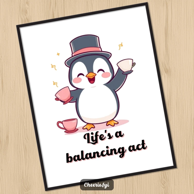 Funny Penguin Juggling Poster: A delighted penguin in a bowler hat skillfully juggles teacups, adding whimsical humor.