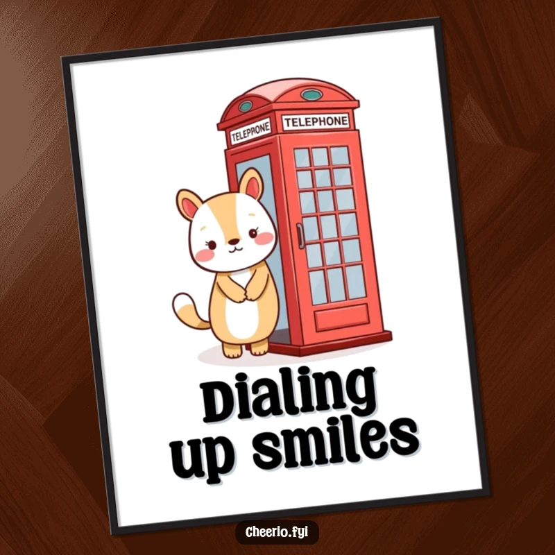 Funny poster featuring a happy animal with a welcoming smile, standing next to a quintessential red telephone booth.