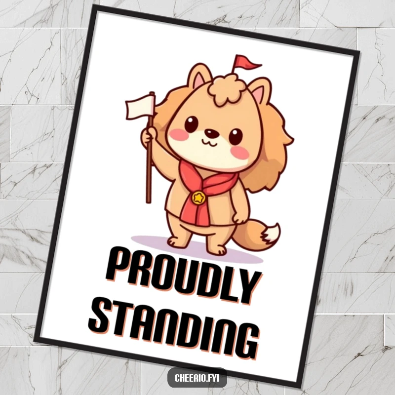 Funny poster of a proud animal character standing tall and holding a small flag, adding inspiring and humorous decor.