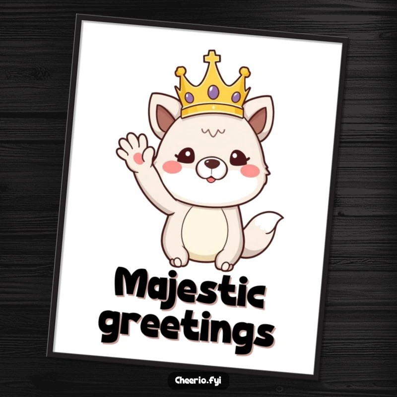 Funny poster of an animal wearing a crown and performing a regal wave, adding stately humor to wall decor.