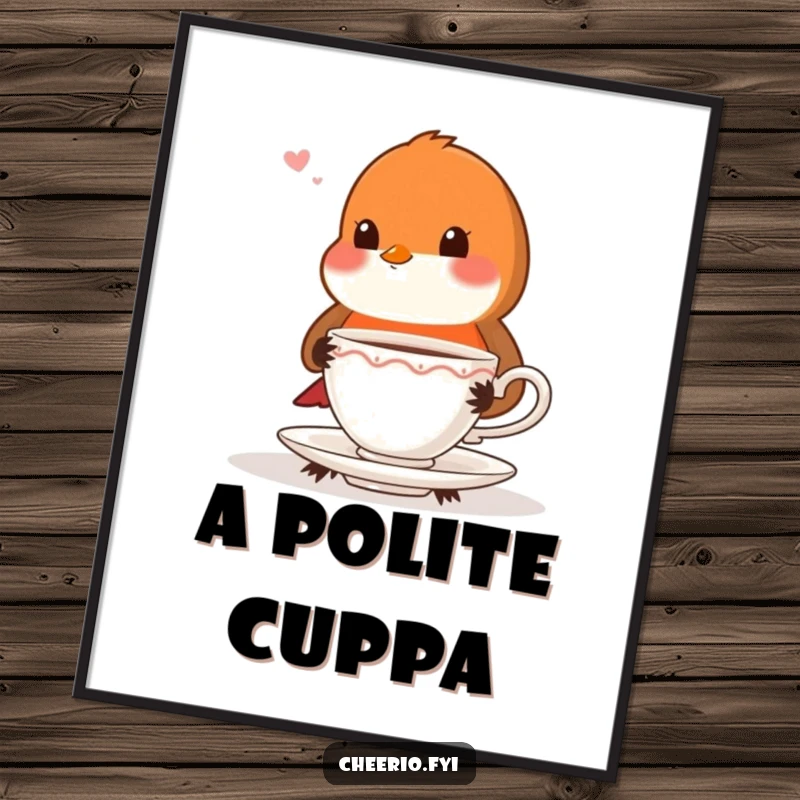 Funny playful robin with very proper posture offering a teacup, charming wall art.