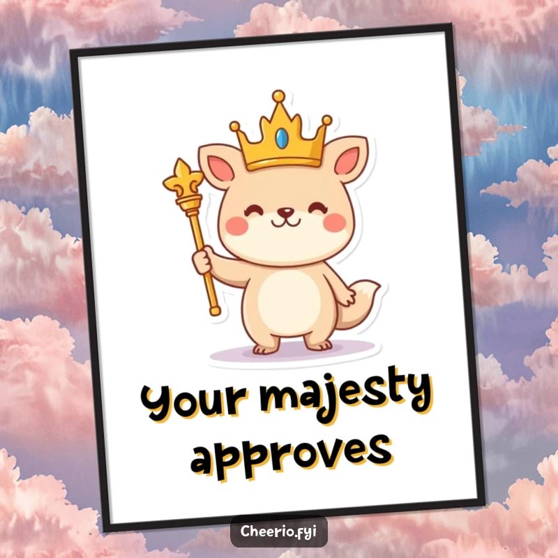 Funny cheerful animal wearing a crown and holding a scepter stands proudly on a poster, regal wall art.