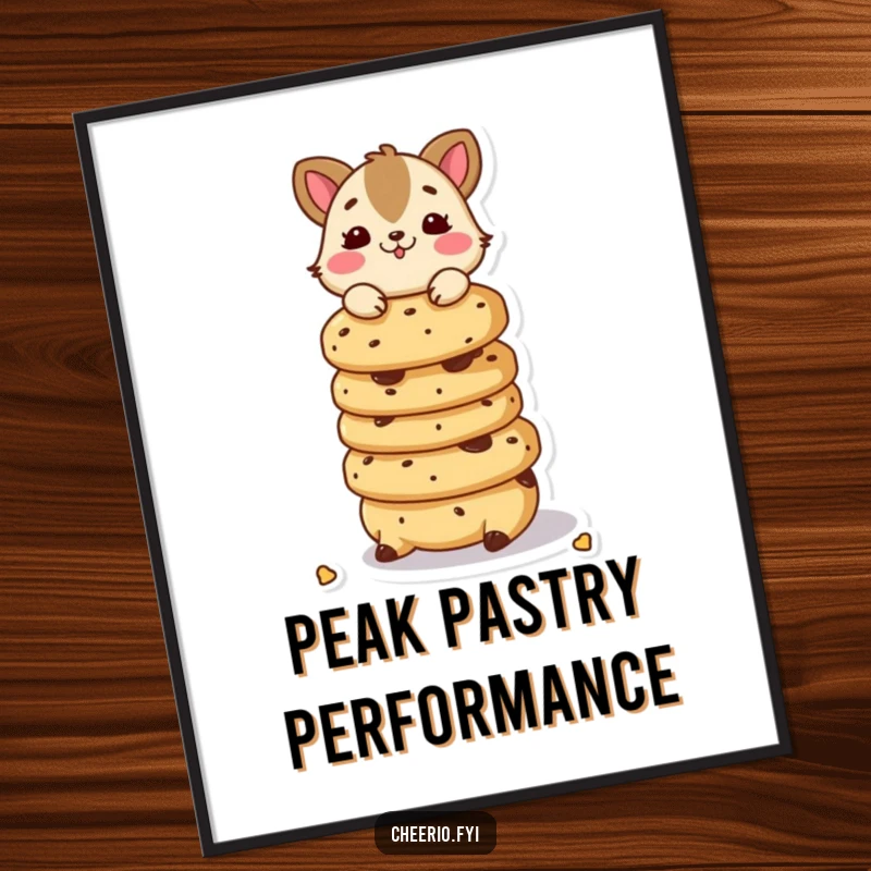 Funny poster print of a playful animal character balancing a stack of delicious scones, full of fun.