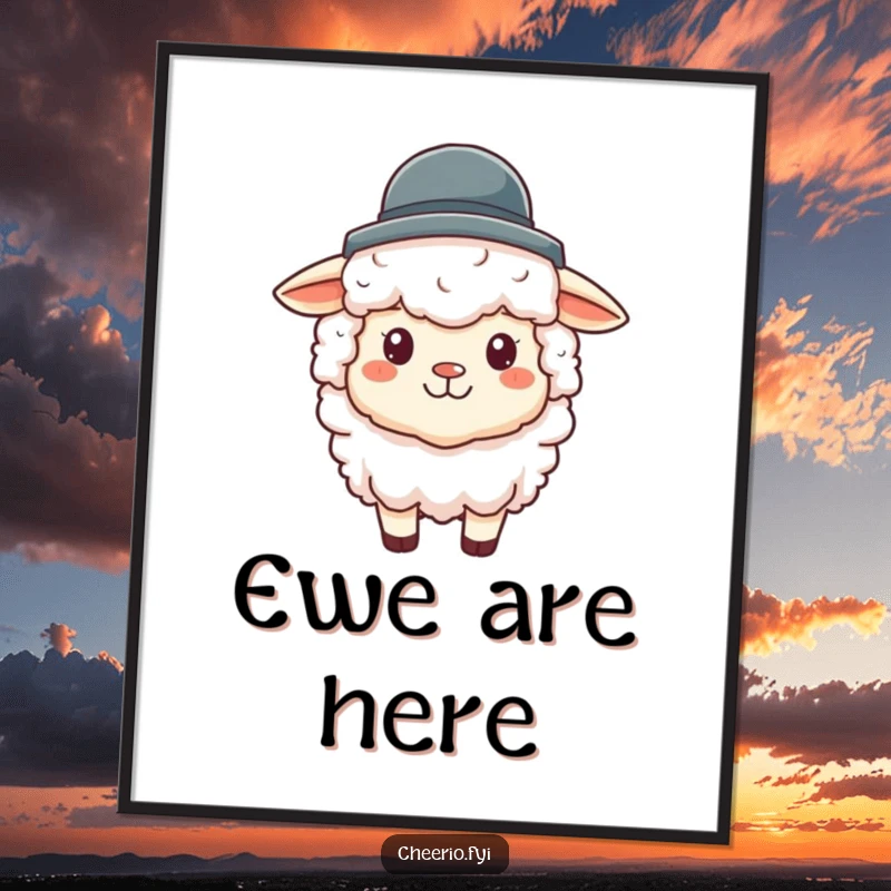 Funny sheep poster depicting a fluffy sheep with a wide smile, wearing a miniature bowler hat, adding charm to walls.