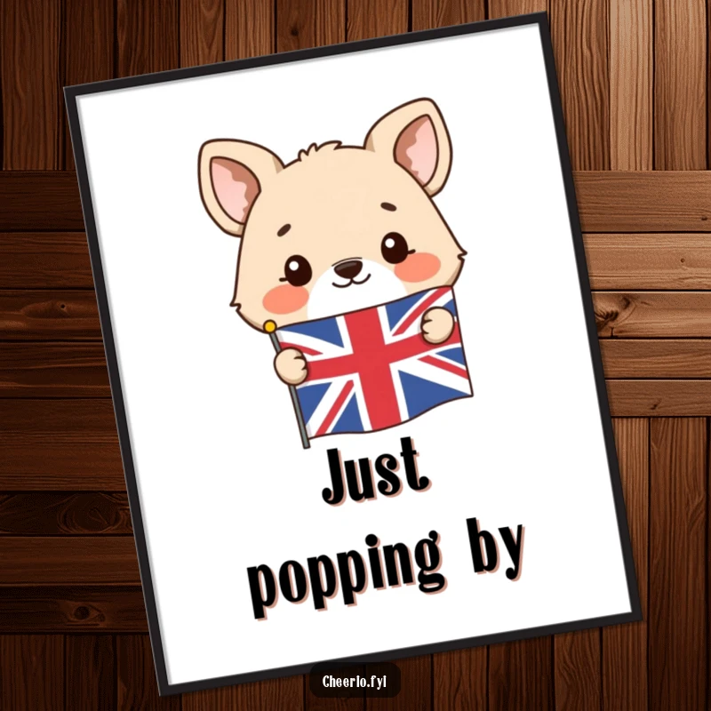 Funny poster print of a happy animal character peeking from behind a small Union Jack flag, full of joy.