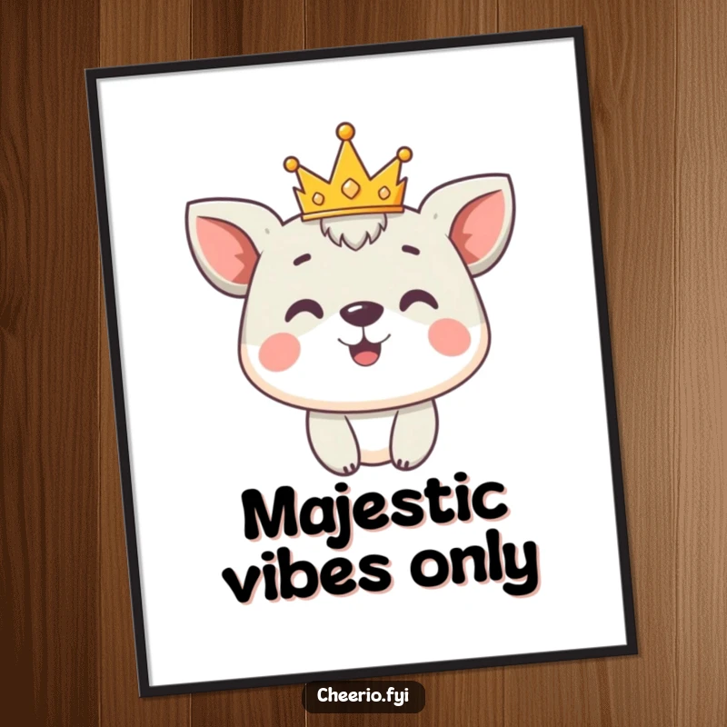 Funny Poster: Cute animal character proudly wears a tiny crown with a big smile, bringing regal charm to any room.