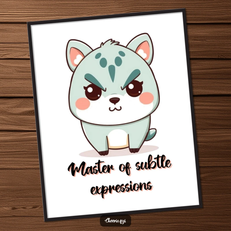 Funny Poster: A cute animal character with a stern face breaking into a tiny, almost imperceptible smile, adding a humorous touch.