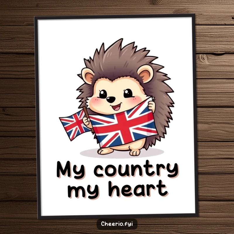 Funny happy hedgehog poster proudly holding a Union Jack flag, bringing cheerful British patriotic vibes to wall decor.