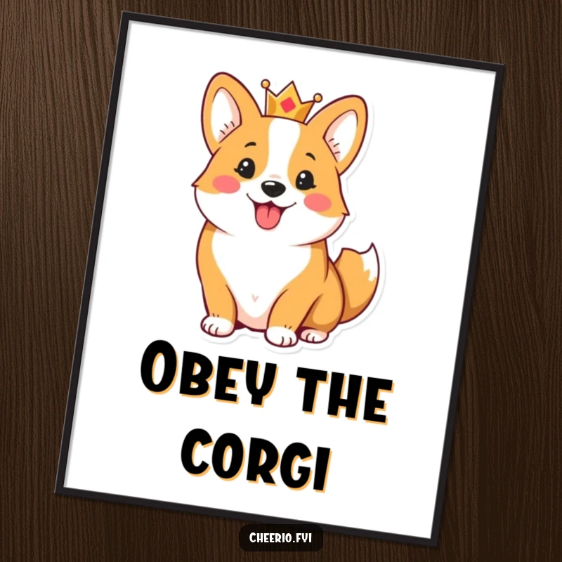 Funny poster of a cheerful corgi wearing a small crown and wagging its tail, celebrating canine royalty with humor.