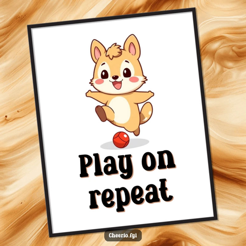 Funny poster art depicting a grinning animal character in the motion of kicking a small red ball, full of playful energy.