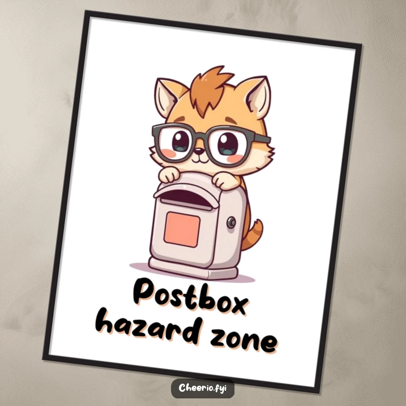 Funny poster art of a playful animal wearing oversized spectacles tripping over a small post box, a comical scene.