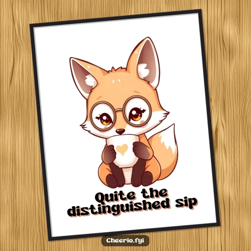 Funny cute fox wearing a miniature monocle sipping tea from a delicate cup, sophisticated wall art.