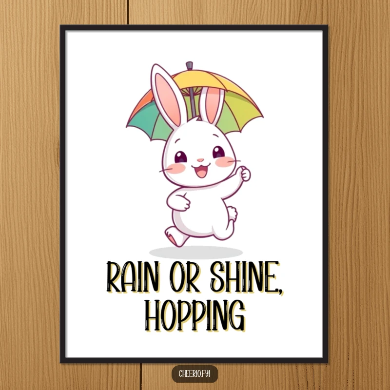 Funny poster featuring a happy rabbit gleefully hopping along, holding a miniature umbrella, symbolizing joy and optimism.