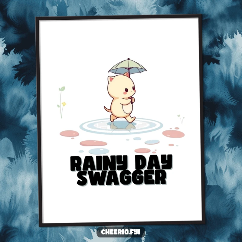 Funny creature with a small umbrella walking across a puddle, presented as humorous and whimsical poster art.
