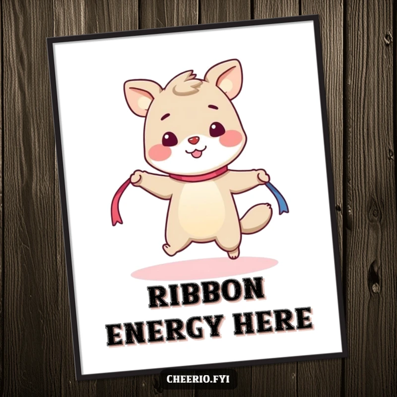 Funny poster print of a happy animal with a cheerful disposition, enthusiastically skipping rope using a flowing ribbon.