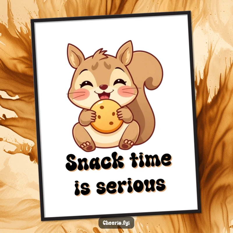 Funny delighted squirrel poster holding a small biscuit, bringing cheerful snack-time vibes to wall decor.